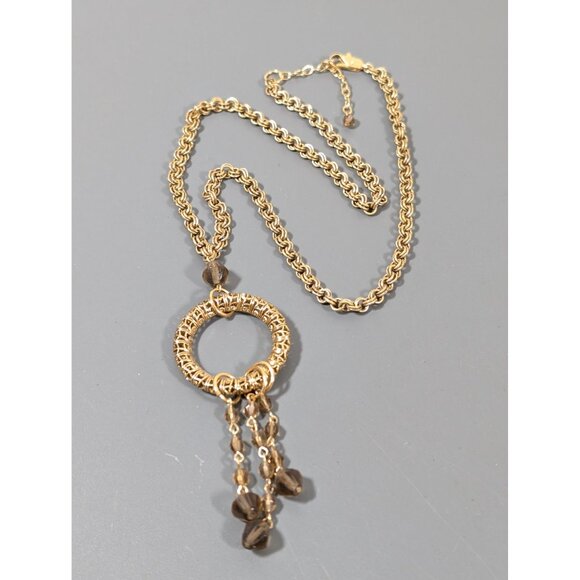 Retro Gold Tone Brown Glass Chain Tassel Necklace Rolo Link Boho 18" - Picture 3 of 9